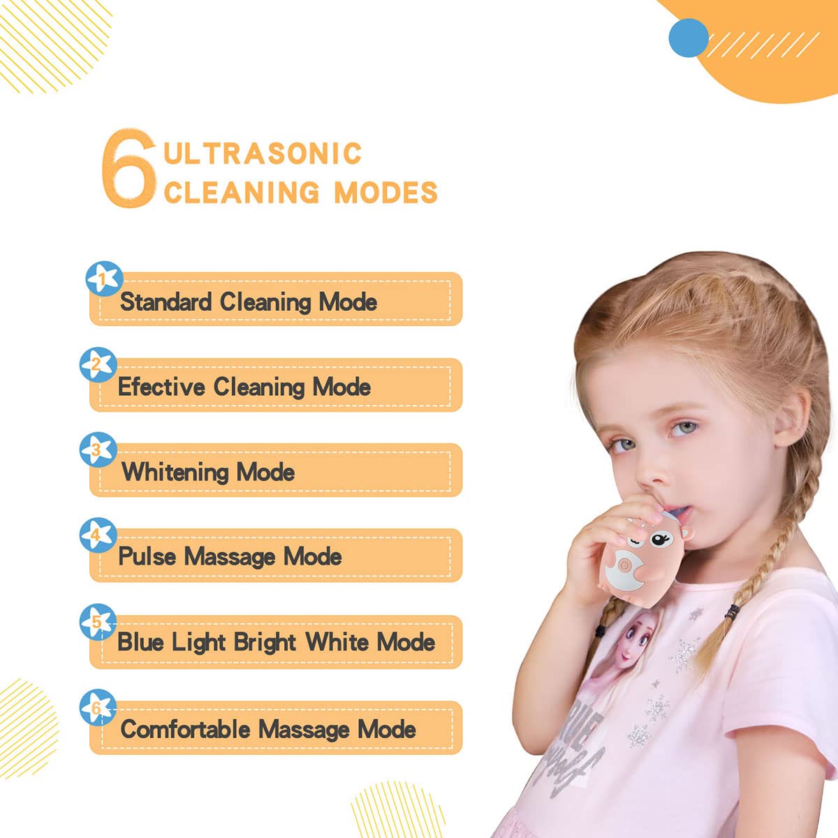 Kids U-Shaped Sonic Electric Toothbrush — Automatic, 6 Modes, 4 Heads, Cartoon Deer Design