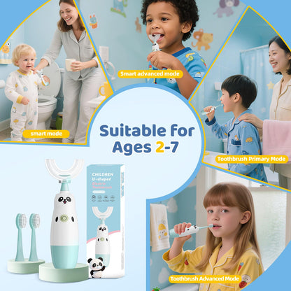 Kids U-Shaped Sonic Electric Toothbrush – 2 Brush Heads, 360° Cleaning, IPX7 Waterproof, Ages 2-7 (Blue)