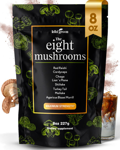 KIKI Green 8 Mushrooms Powder Extract – Focus & Energy Blend, 8 oz