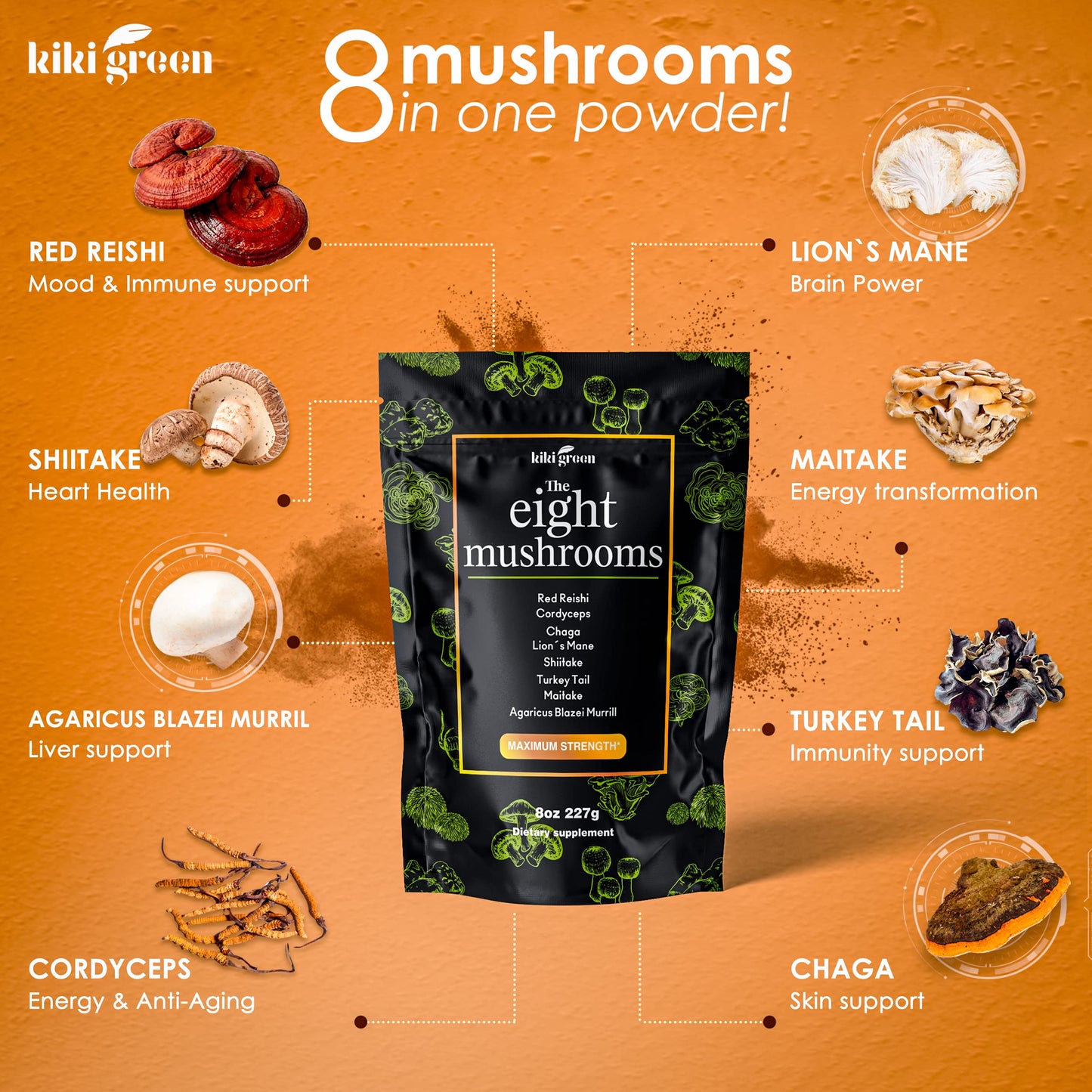 KIKI Green 8 Mushrooms Powder Extract – Focus & Energy Blend, 8 oz