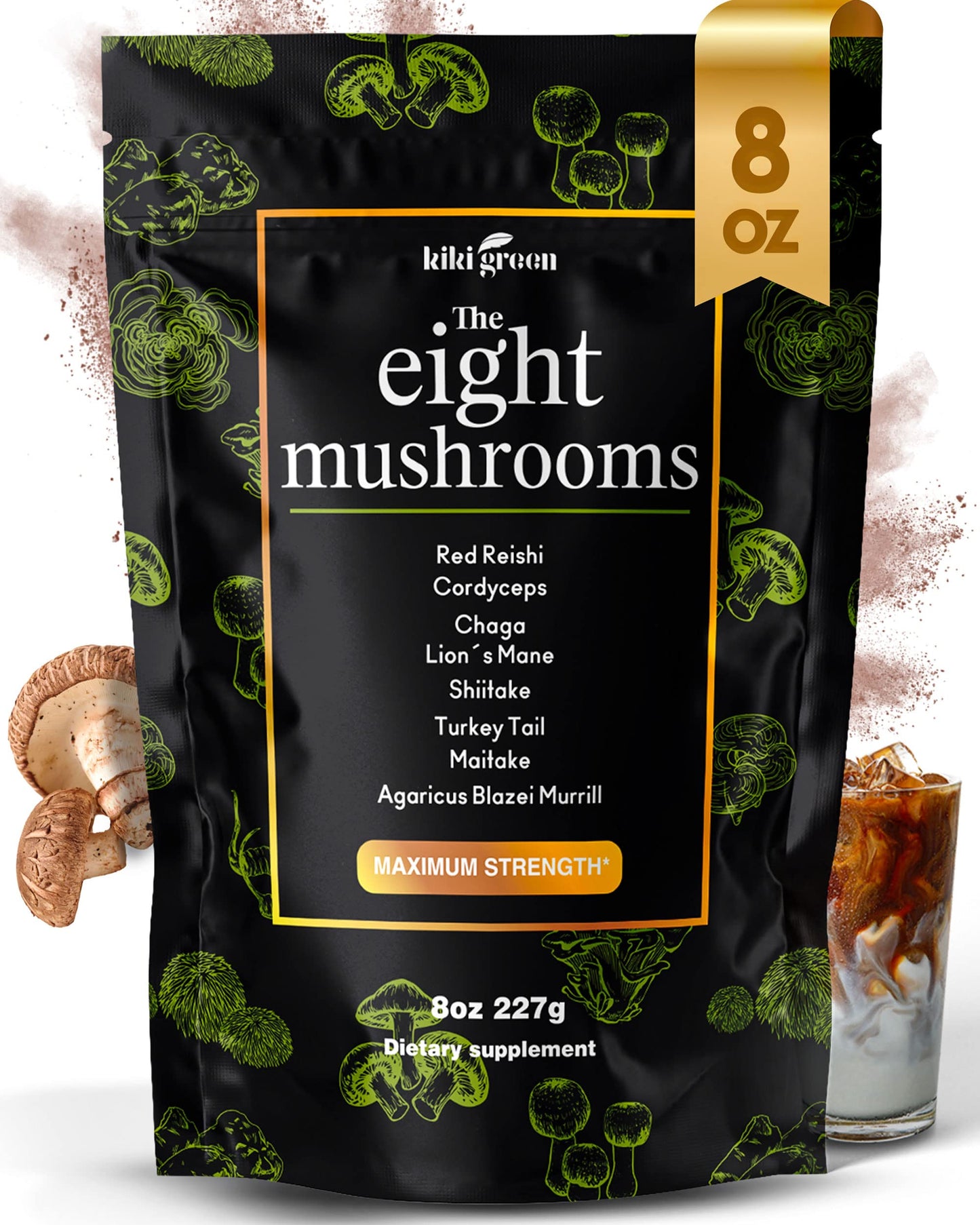 KIKI Green 8 Mushrooms Powder Extract – Focus & Energy Blend, 8 oz