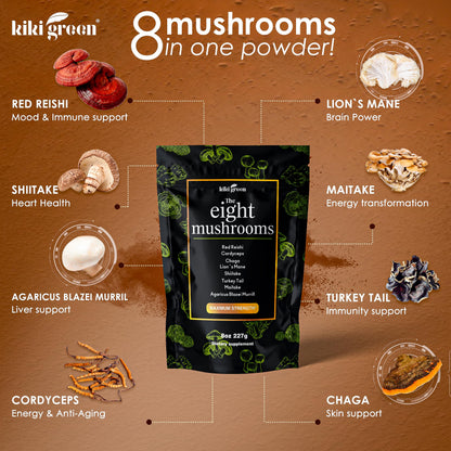 KIKI Green 8 Mushrooms Powder Extract – Focus & Energy Blend, 8 oz