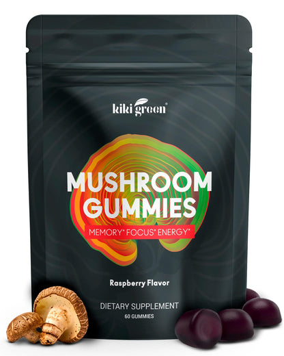 KIKI Green Mushroom Gummies with Lion's Mane & 9 Adaptogens Blend – 60 Count, 10:1 Extract