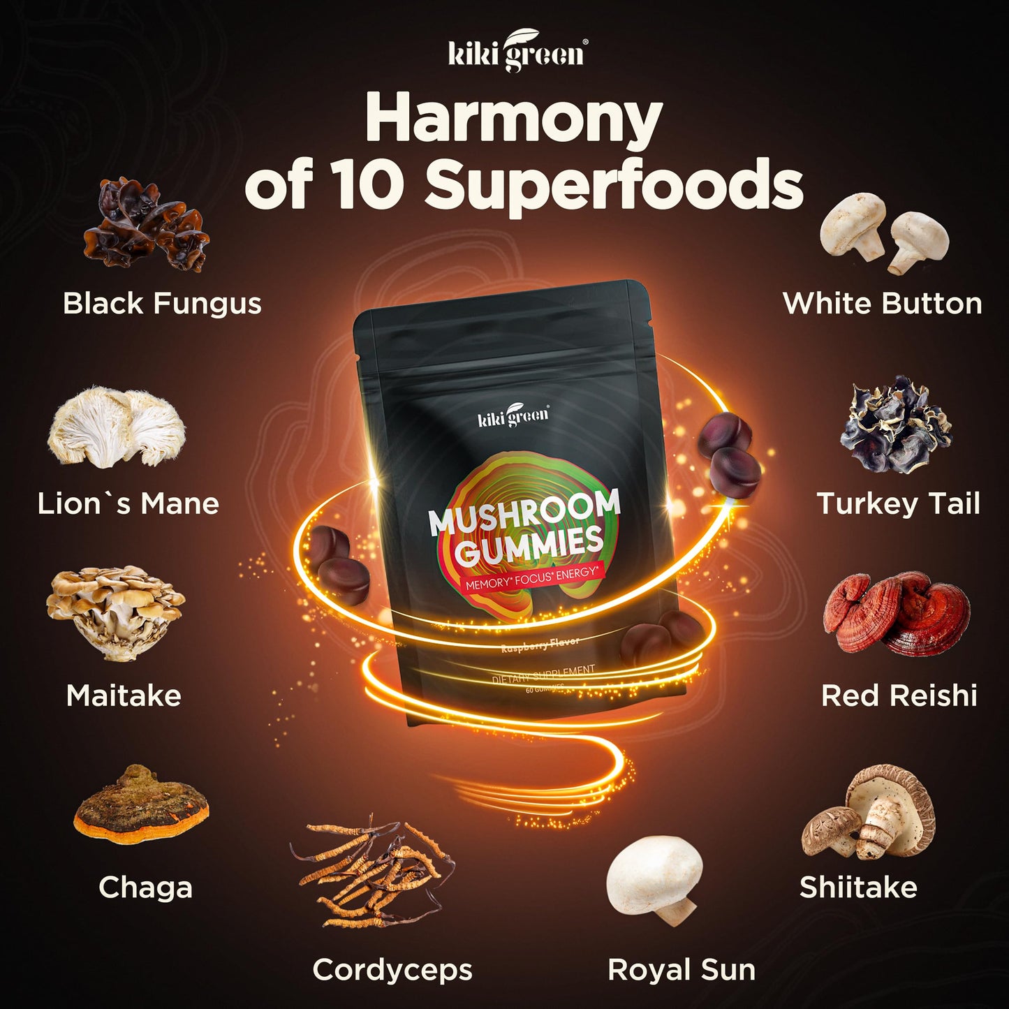 KIKI Green Mushroom Gummies with Lion's Mane & 9 Adaptogens Blend – 60 Count, 10:1 Extract