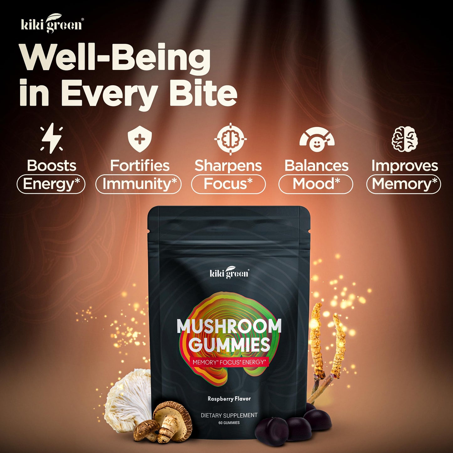 KIKI Green Mushroom Gummies with Lion's Mane & 9 Adaptogens Blend – 60 Count, 10:1 Extract