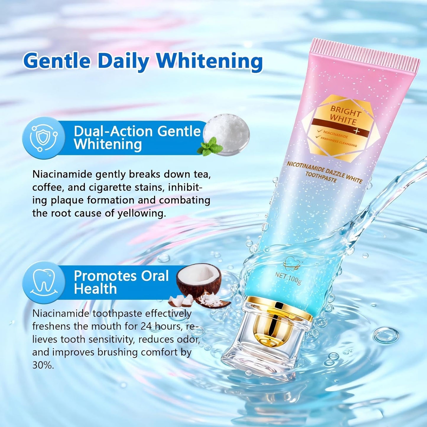 Niacinamide Whitening Toothpaste for Sensitive Teeth | Kimralur Triple Whitening | Fluoride-Free