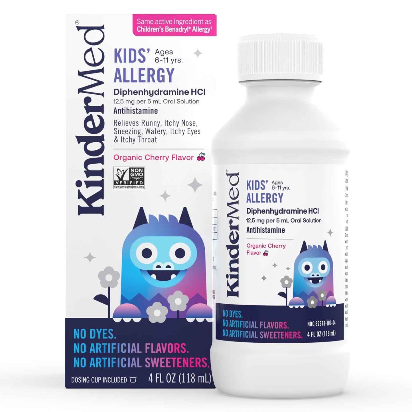 KinderMed Kids' Allergy Medicine with Diphenhydramine HCl – Organic Cherry Flavor, 4 oz (Ages 6-11)