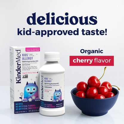KinderMed Kids' Allergy Medicine with Diphenhydramine HCl – Organic Cherry Flavor, 4 oz (Ages 6-11)
