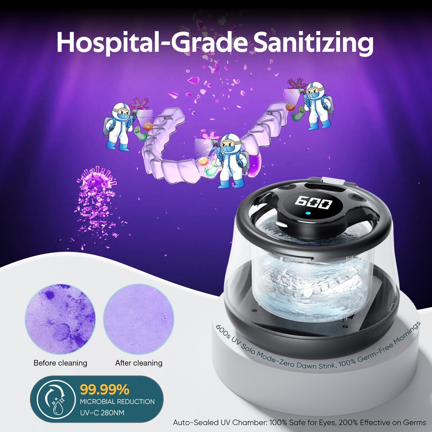 KINTLE Ultrasonic Retainer Cleaner 45kHz – 200ml, 4 Modes, UV Sterilization