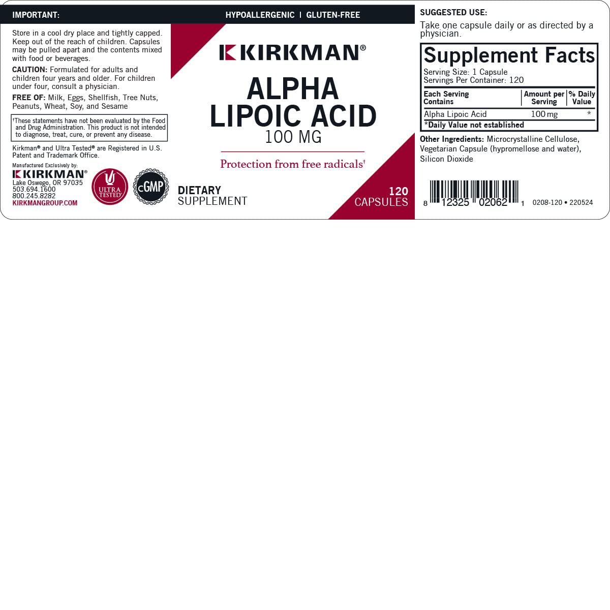Kirkman Alpha Lipoic Acid 100 mg - Hypoallergenic | 120 Vegetarian Capsules