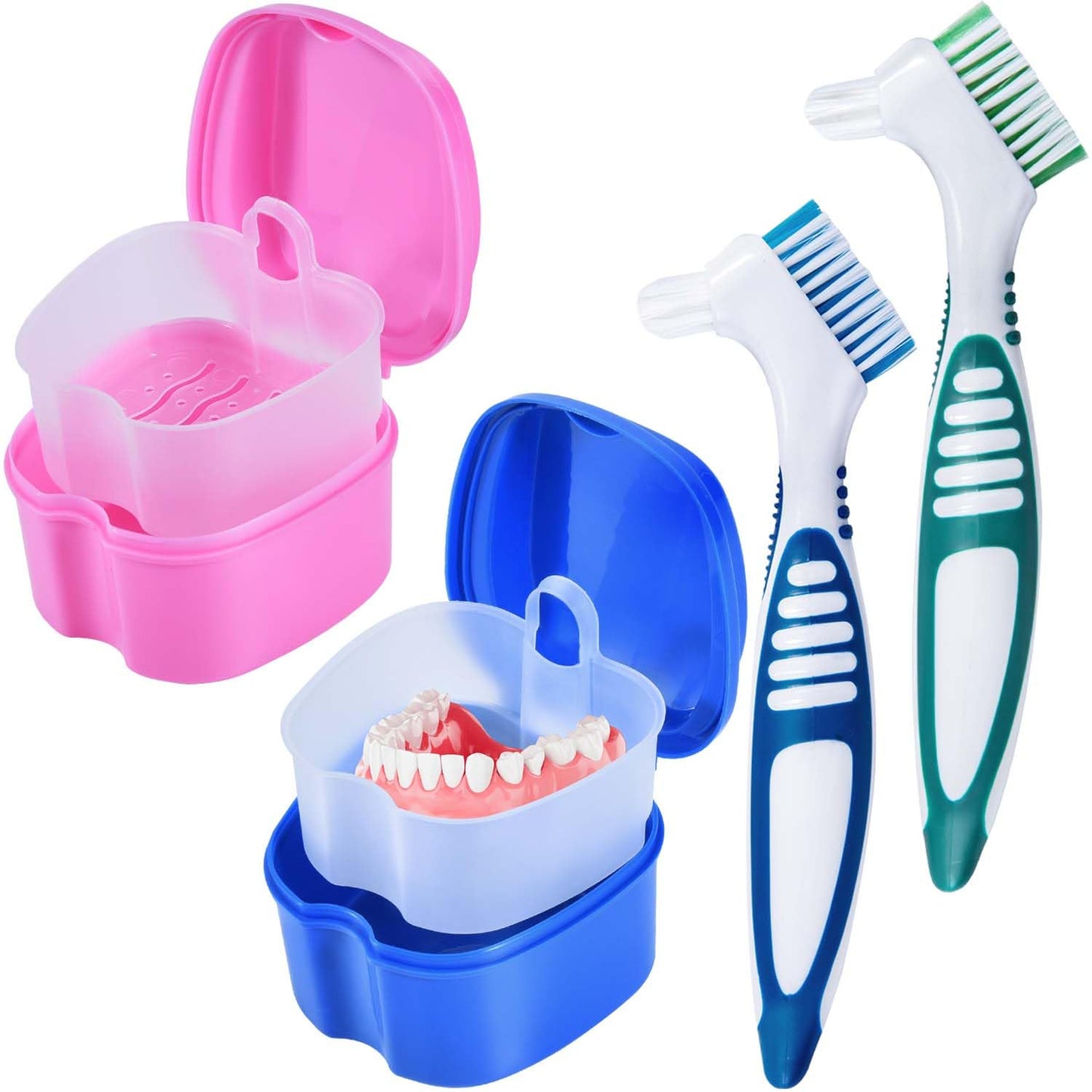 KISEER 2 Pack Denture Bath Case – Travel Box with Brush & Strainer (Blue & Pink)
