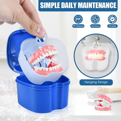 KISEER 2 Pack Denture Bath Case – Travel Box with Brush & Strainer (Blue & Pink)