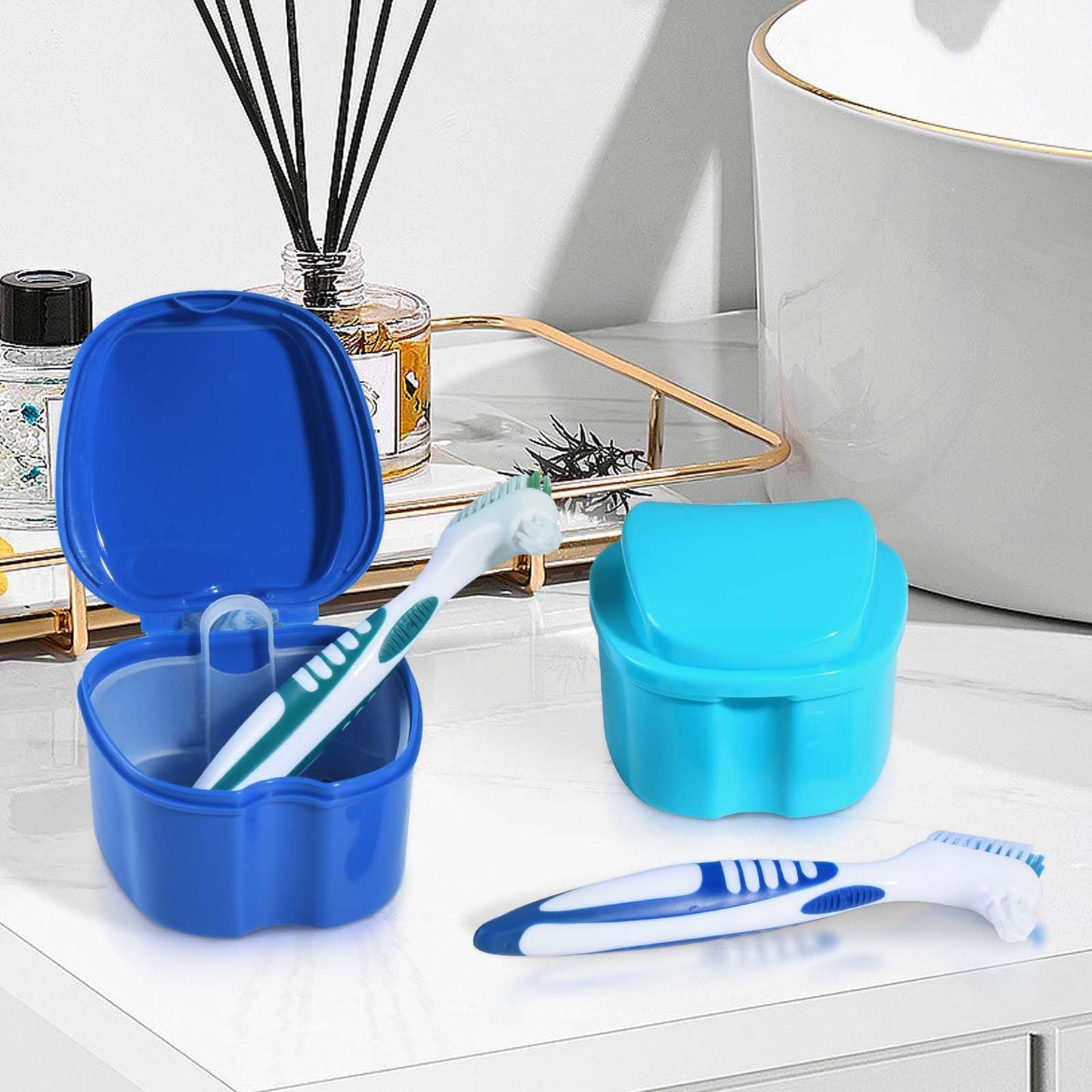 KISEER 2-Pack Denture Bath Case & Brush – Travel Storage (Blue & Light Blue)