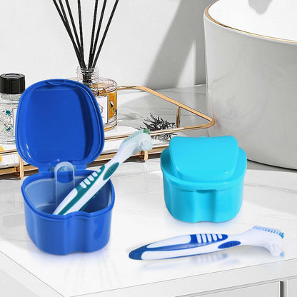 KISEER 2-Pack Denture Bath Case & Brush – Travel Storage (Blue & Light Blue)