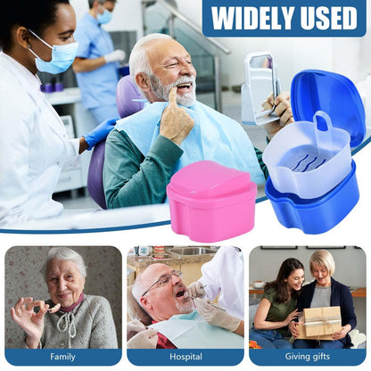 KISEER 2 Pack Denture Bath Case – Travel Box with Brush & Strainer (Blue & Pink)