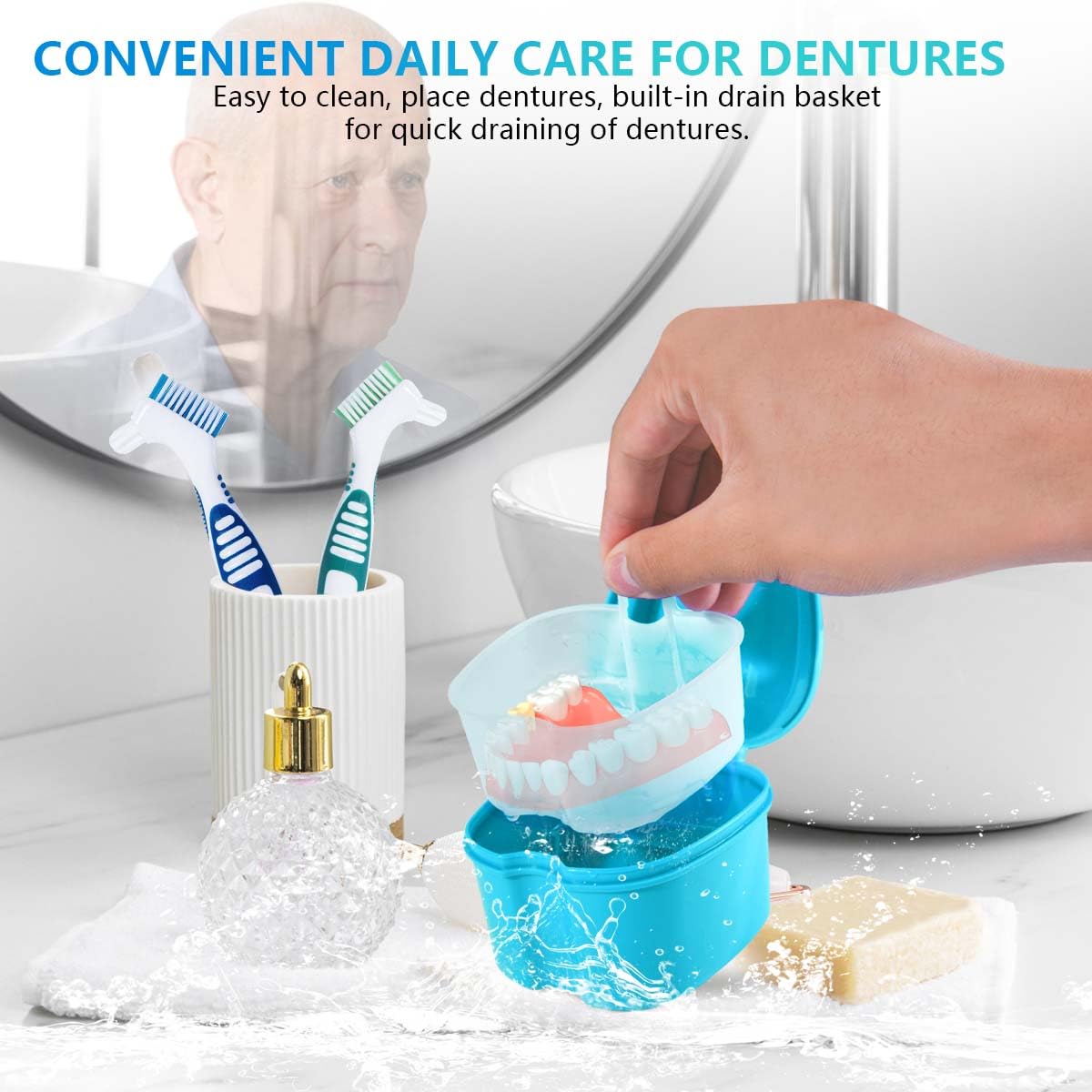 KISEER 2-Pack Denture Bath Case & Brush – Travel Storage (Blue & Light Blue)
