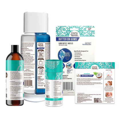 GuruNanda Total Smile Makeover Kit Regular | Cocomint Oil Pulling, Dual Barrel Whitening Mouthwash, Whitening Strips & Butter on Gums Toothbrushes