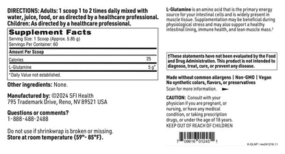 Klaire L-Glutamine Powder - 5000mg Free-Form, Hypoallergenic | SFI Health | 60 Servings