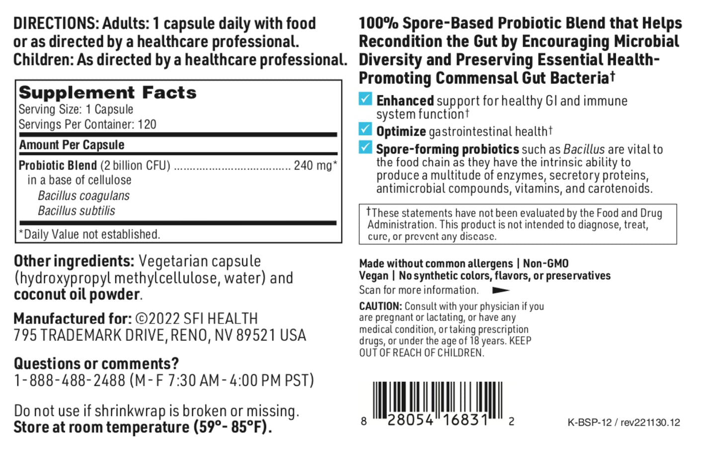 BioSpora Probiotic by SFI Health — Bacillus Coagulans & Subtilis, 2B CFU, Shelf-Stable
