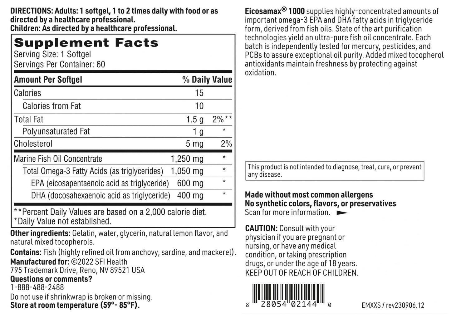 Klaire Labs Eicosamax 1000 TG Fish Oil – 1000 mg EPA/DHA per Soft Gel