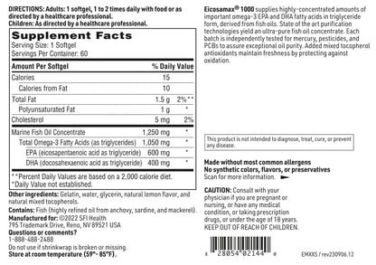 Klaire Labs Eicosamax 1000 TG Fish Oil – 1000 mg EPA/DHA per Soft Gel