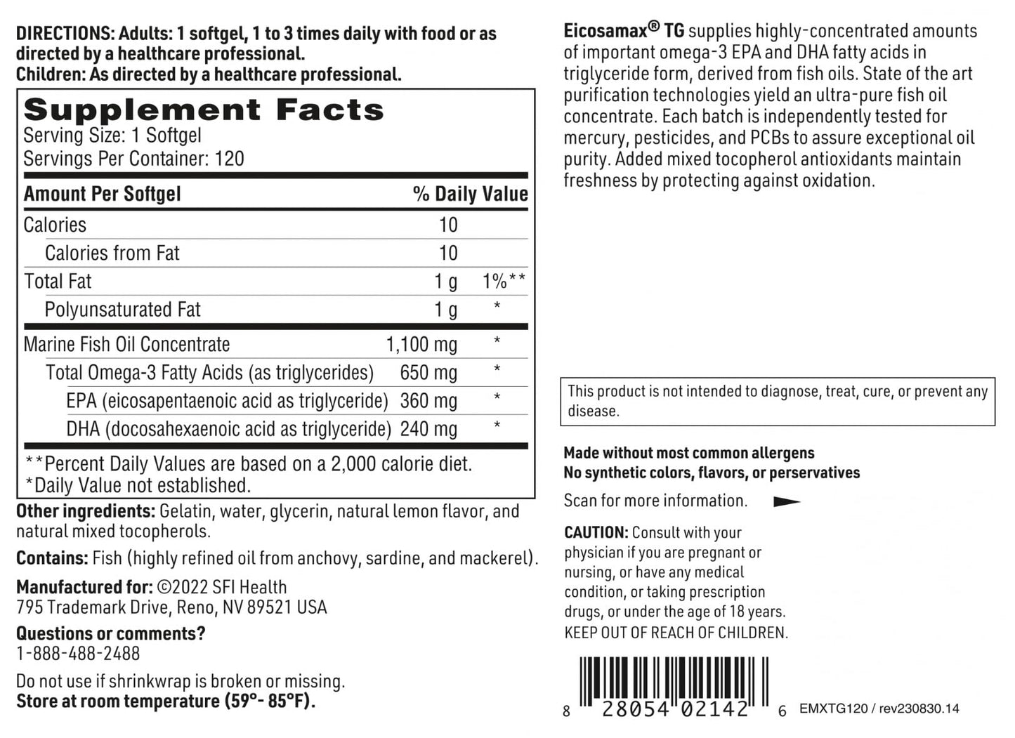 Klaire Labs SFI Health Eicosamax TG Fish Oil – EPA 360 mg / DHA 240 mg per Softgel – 120 Softgels (Lemon)