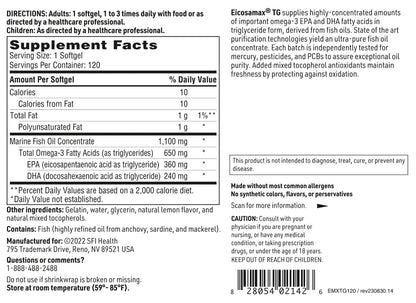 Klaire Labs SFI Health Eicosamax TG Fish Oil – EPA 360 mg / DHA 240 mg per Softgel – 120 Softgels (Lemon)