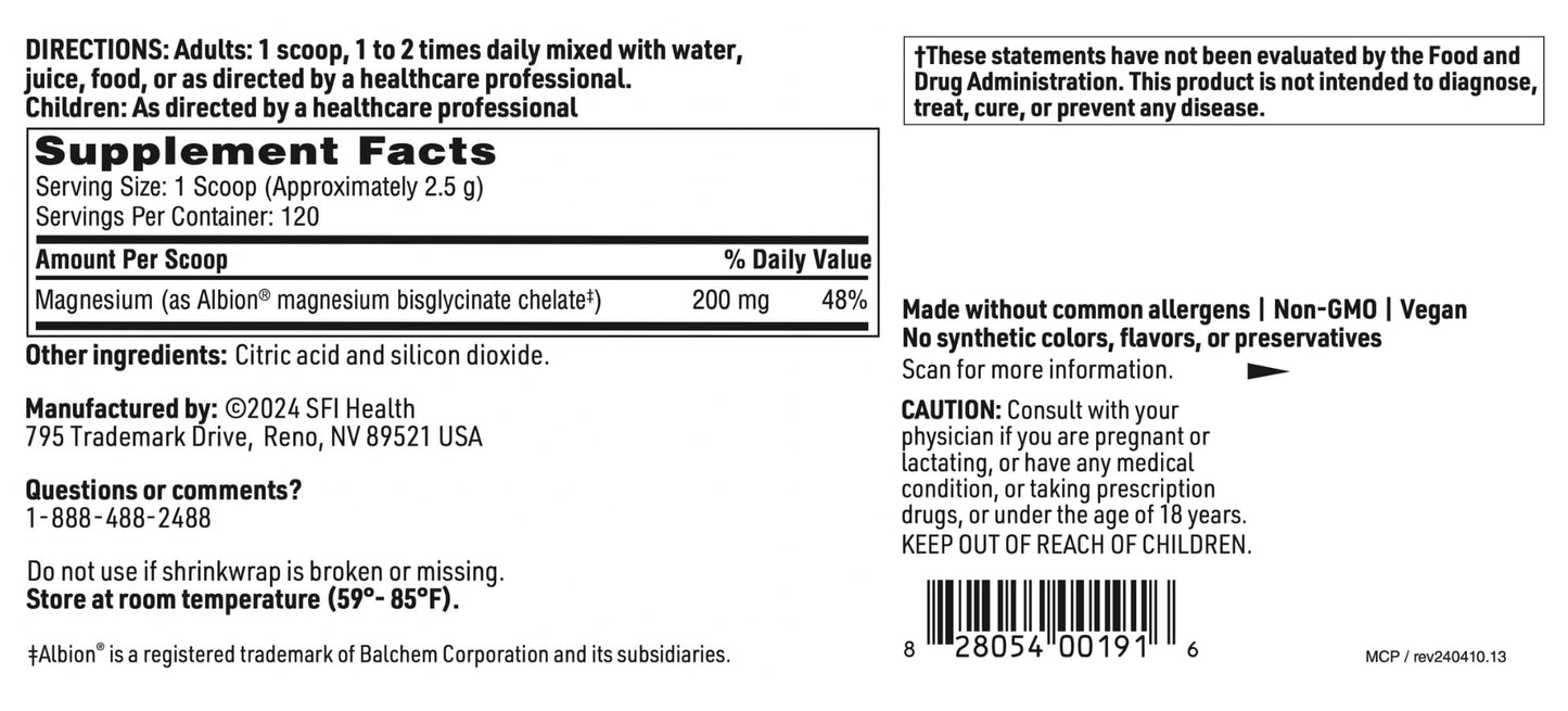Klaire Labs SFI Health Magnesium Chelate Powder – 200 mg Bisglycinate, Fast-Dissolving, High-Absorption, Hypoallergenic (120 Servings, 300 g)