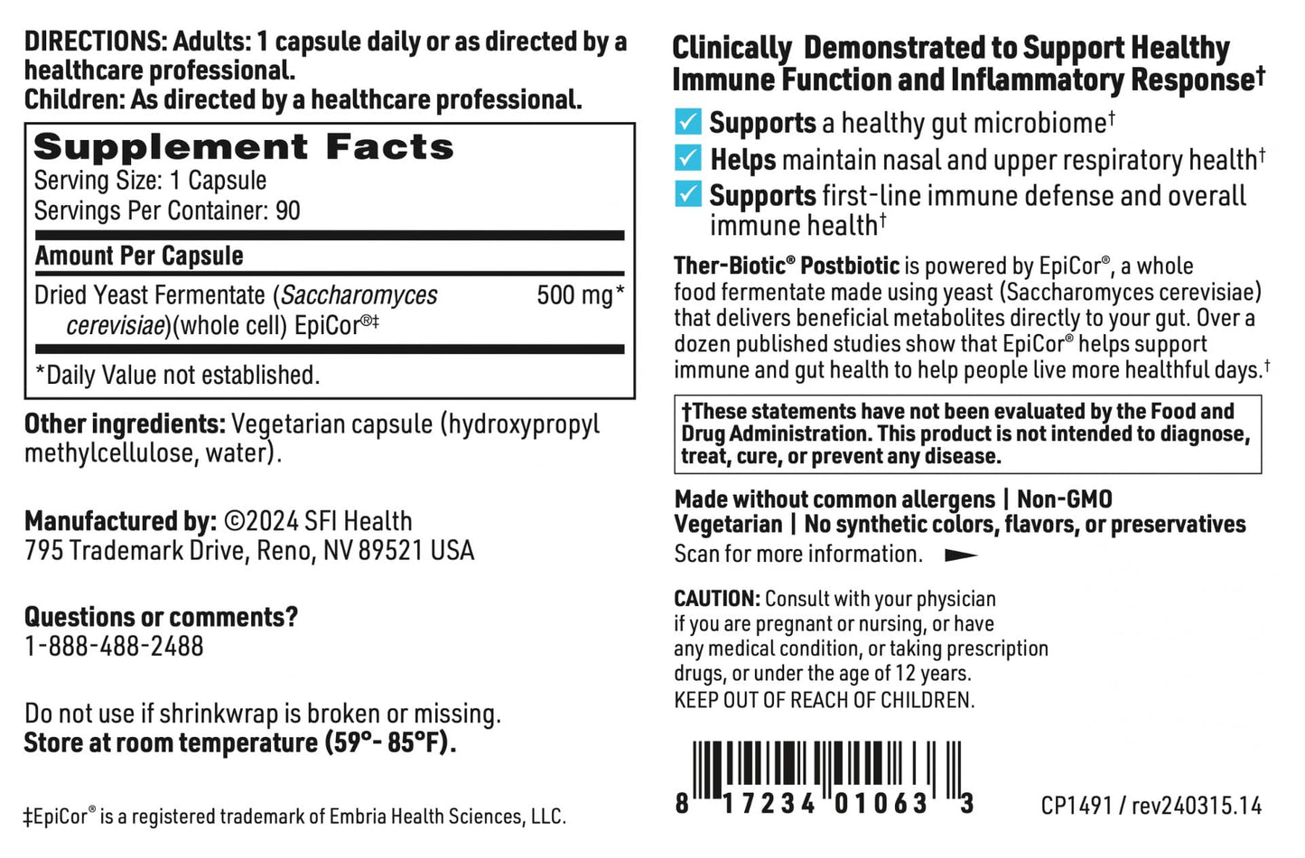 Klaire Labs SFI Health EpiCor Immune Support - 90 Veg Capsules - Soy & Gluten Free
