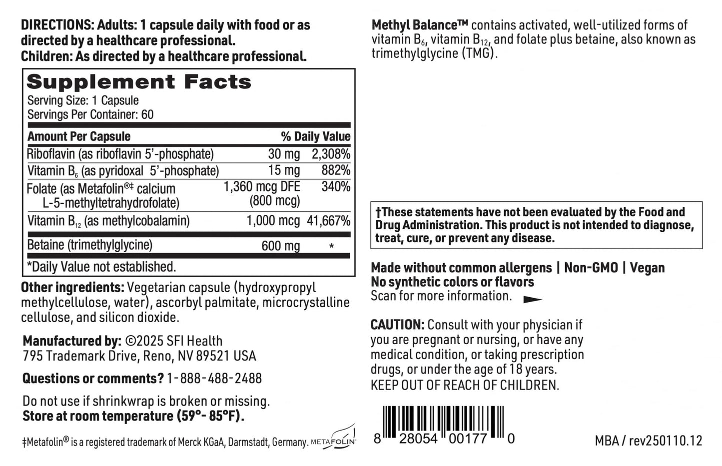 SFI Health Klaire Labs Methyl Balance – Activated B Vitamins + TMG, Metafolin Folate, 60 Capsules
