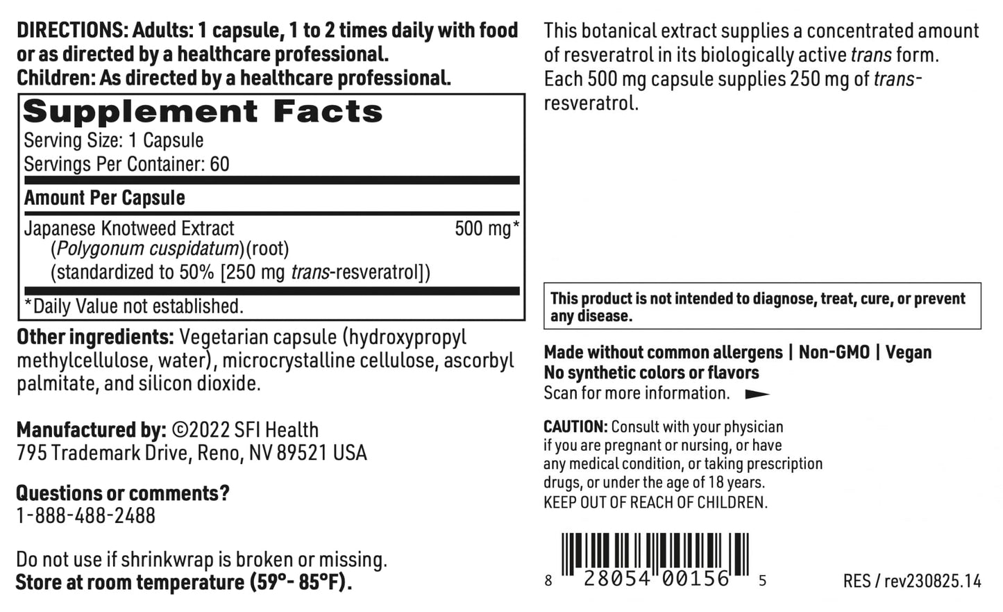 Klaire Labs SFI Health Resveragen – 250 mg Trans-Resveratrol from 500 mg Japanese Knotweed (60 Capsules)