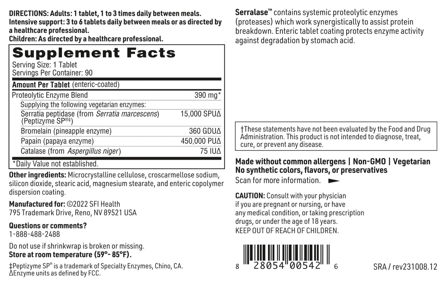 Klaire Labs SFI Health Serralase - Vegetarian Proteolytic Enzyme Blend with Serratia Peptidase & Bromelain for Digestion, Sourced from Papaya & Pineapple, Hypoallergenic (90 Enteric Coated Tablets)