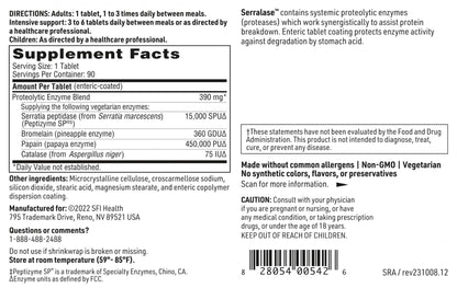 Klaire Labs SFI Health Serralase - Vegetarian Proteolytic Enzyme Blend with Serratia Peptidase & Bromelain for Digestion, Sourced from Papaya & Pineapple, Hypoallergenic (90 Enteric Coated Tablets)