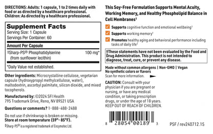 Klaire Labs SFI Health Phosphatidyl Serine SF – Soy Free from Sunflower Lecithin, 60 Capsules