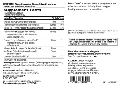 Klaire Labs SFI Health ProstaThera – Prostate & Urinary Support for Men | Gluten-Free (60 Tablets)