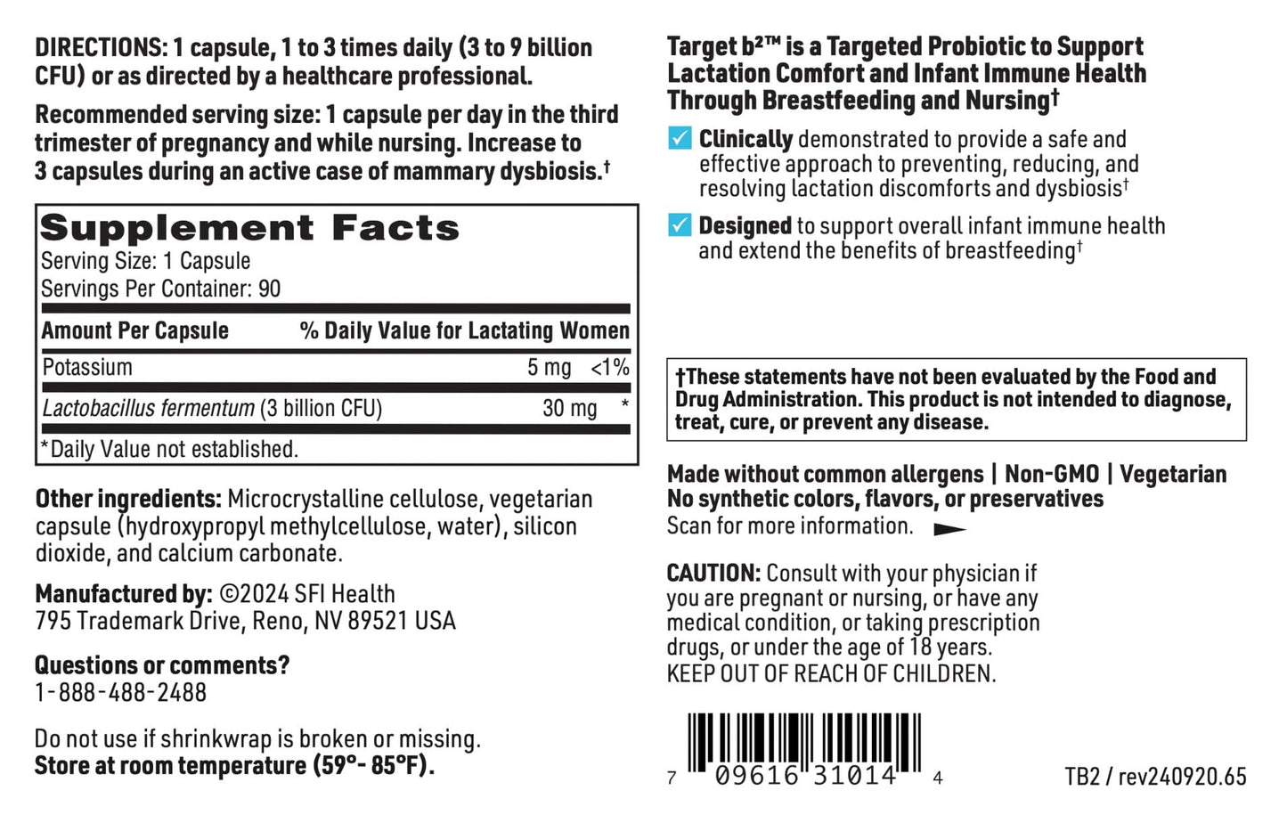 Klaire Labs SFI Health Ther-Biotic Target B2 for Lactation Support (90 Capsules)