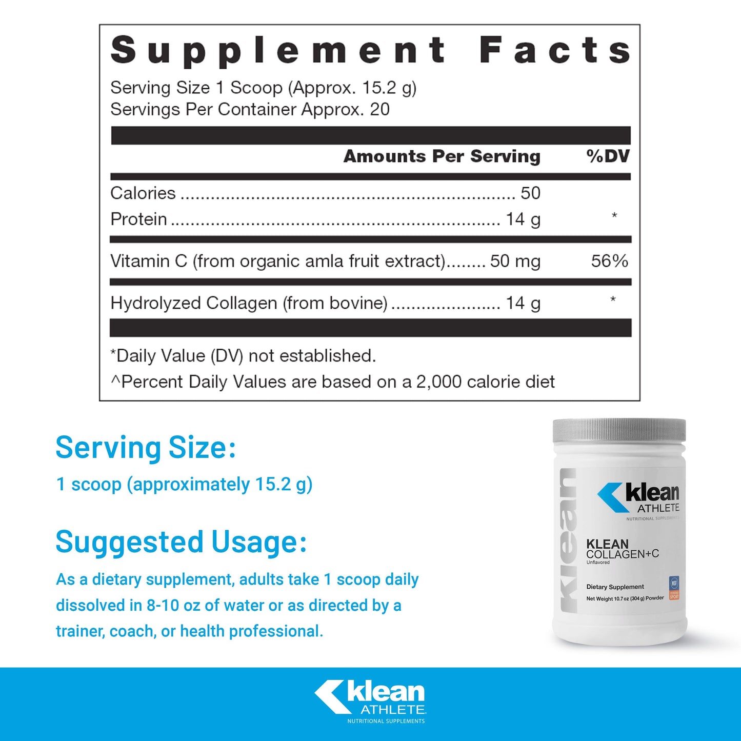 Klean Athlete Klean Collagen+C - Collagen Peptides with Vitamin C for Joint Support | 10.7 oz | Unflavored