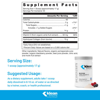 Klean Athlete Klean Collagen+C — Collagen Peptides with Vitamin C for Joint & Connective Tissue Support | 12 oz Berry Flavor