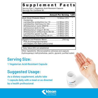 Klean Athlete Klean Probiotic | Shelf-Stable Probiotic for Immune & Digestive Support | NSF Certified for Sport | 60 Vegetarian Capsules