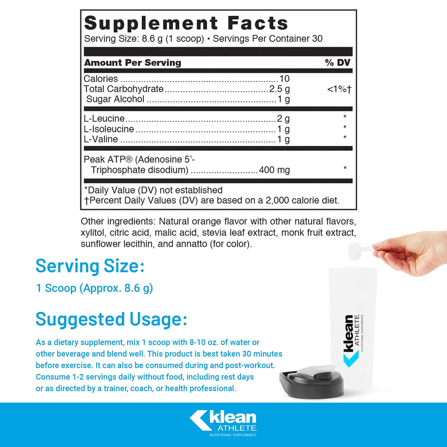 Klean Athlete Klean BCAA + Peak ATP – Amino Acid Supplement for Muscle Building & Recovery | 9.1 oz | Natural Orange