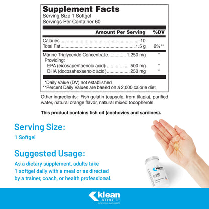 Klean Athlete Klean Omega | Pure Fish Oil in Triglyceride Form – NSF Certified for Sport | 60 Softgels