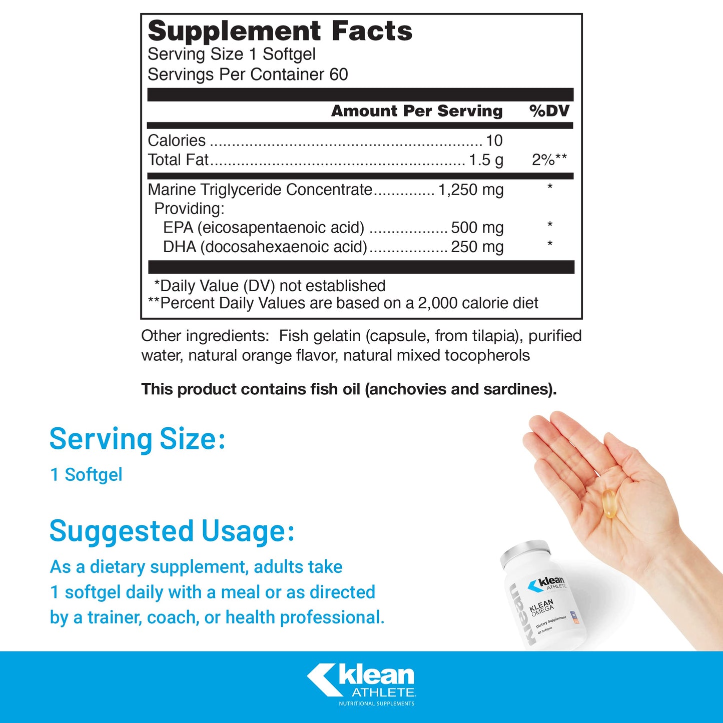 Klean Athlete Klean Omega | Pure Fish Oil in Triglyceride Form – NSF Certified for Sport | 60 Softgels