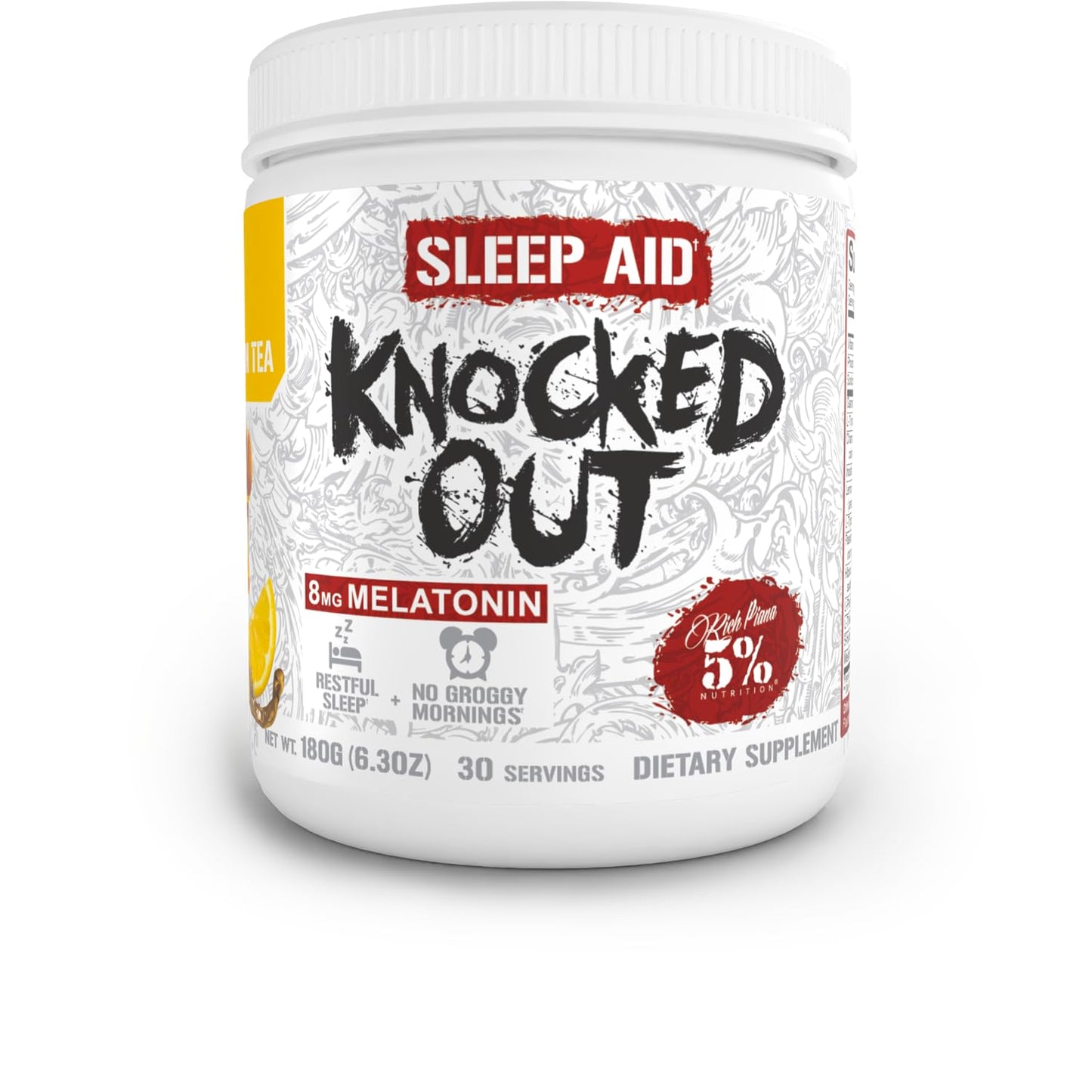 5% Nutrition Rich Piana Knocked Out Natural Sleep Aid Powder | Deep Sleep & Post-Workout Recovery | Honey Lemon Tea | 30 Servings