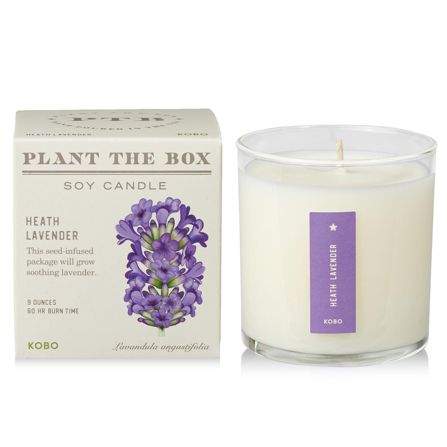 KOBO Heath Lavender Candle 9oz – Plantable Box, 60-Hour Burn, USA Hand-Poured