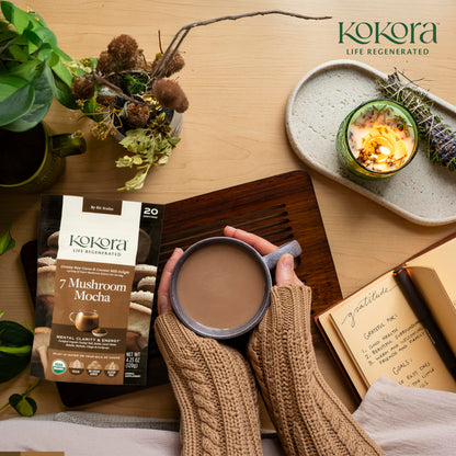 Kokora 7 Mushroom Mocha Organic Adaptogenic Powder: Lion's Mane & Turkey Tail