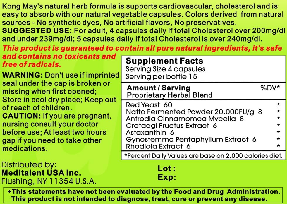 Meditalent Kong May Herbal Supplement — Red Yeast Rice, Natto Fermented Powder & Antrodia Mushrooms, 60 Capsules