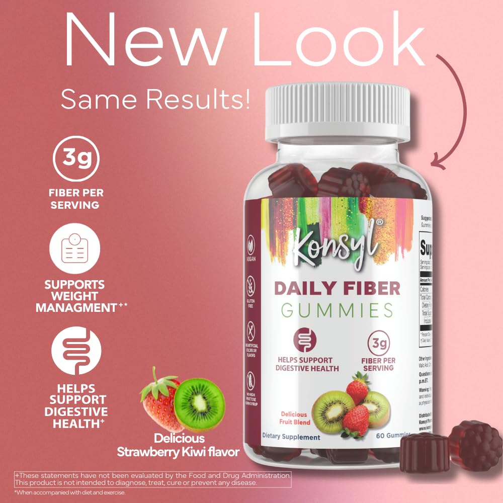Konsyl Daily Fiber Gummies – 60 Count, Strawberry-Kiwi | Supports Digestive Health