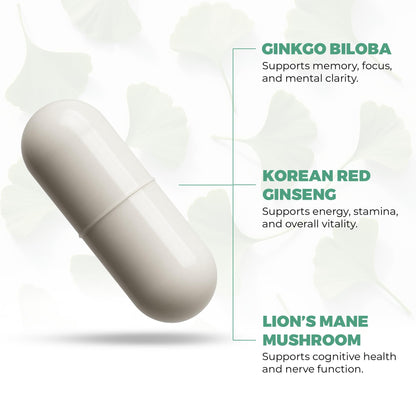 Ginkgo Biloba 120mg, Korean Red Ginseng 300mg & Lion's Mane 1000mg – Vegetarian Brain Supplement