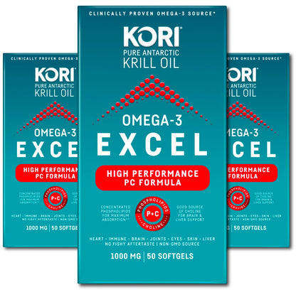 Kori Krill Omega 3 Excel Krill Oil 1000mg – 3 Pack, Non-GMO