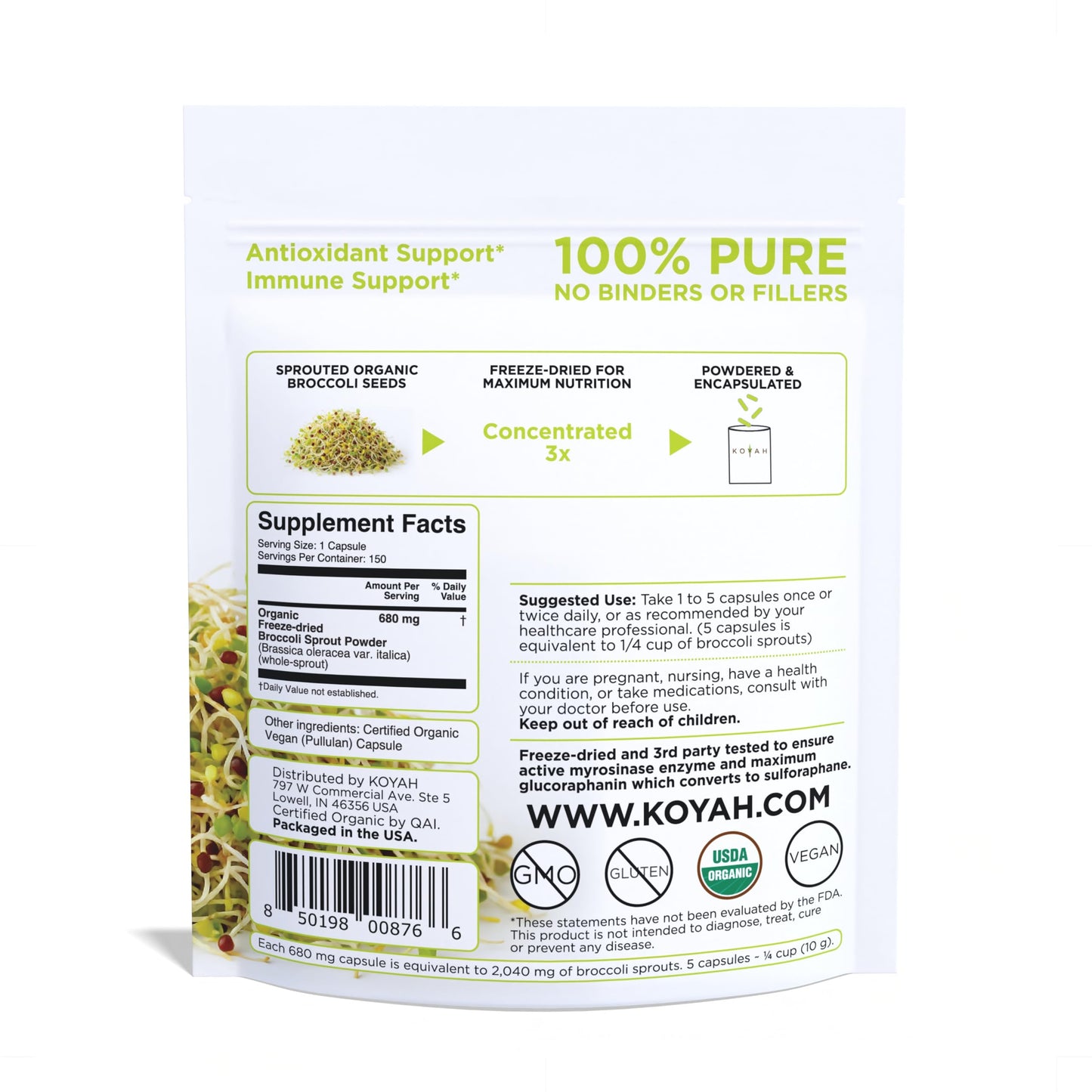 KOYAH Organic Broccoli Sprout Capsules – Freeze-Dried Whole Sprouts, Active Myrosinase & Glucoraphanin, USA Grown, 150 Capsules